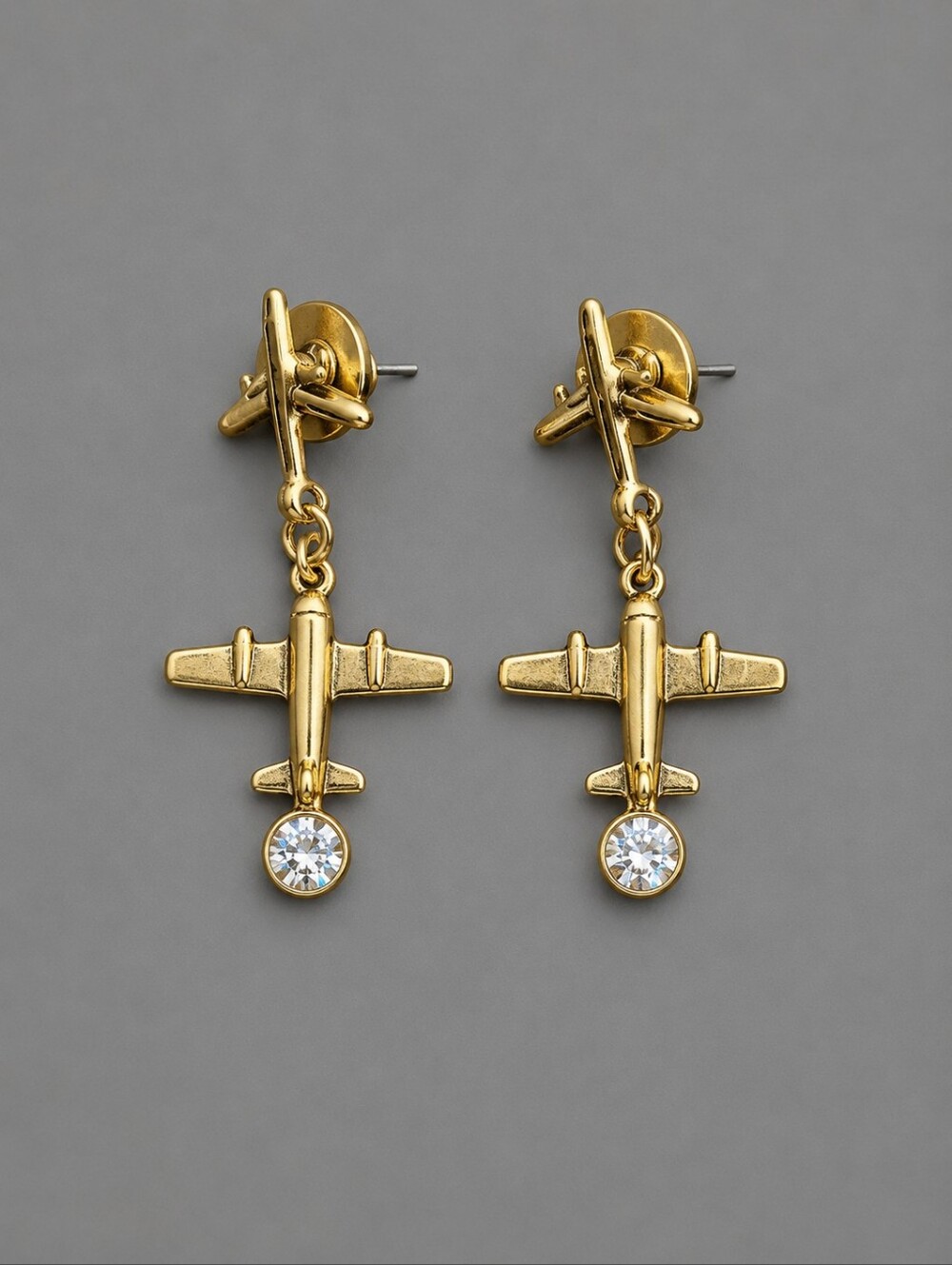 Vintage Goldtone Airplane Rhinestone Dangle Post Earrings